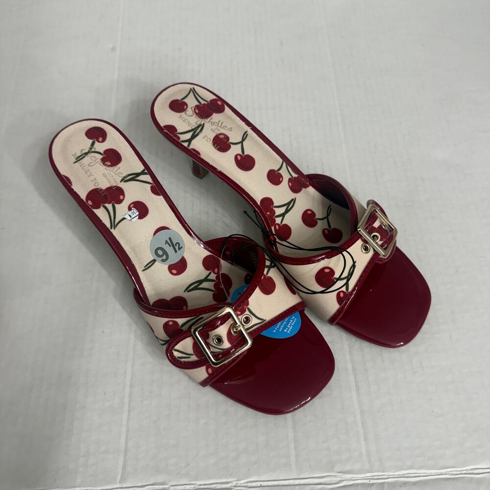 Cherry Print Buckle Kitten Heel Mules Red White